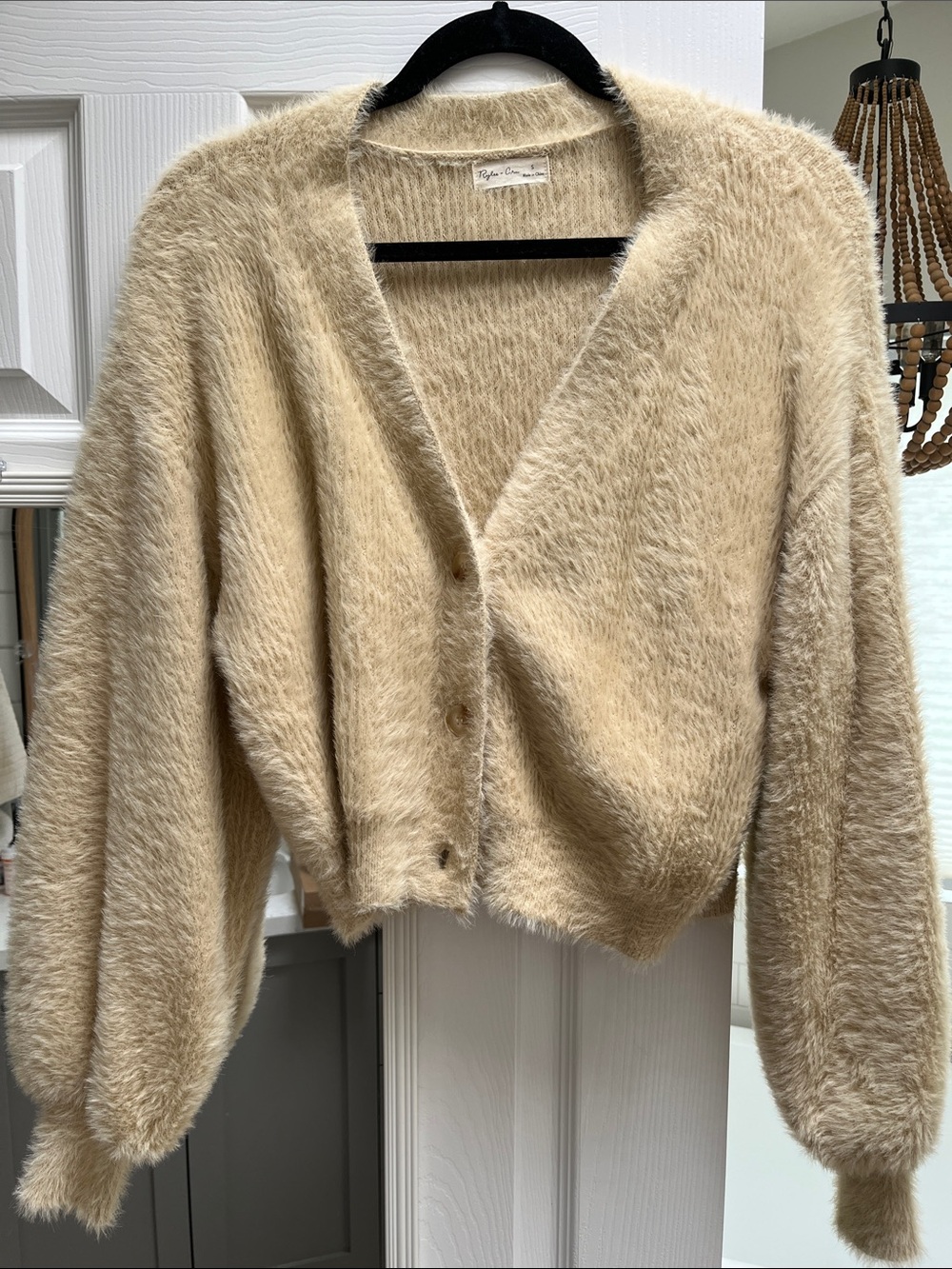 Rylee + Cru Plush Creamy Beige Fuzzy V-Neck Cardigan